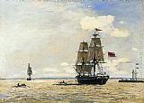 Honfleur Canvas Paintings - Norwegian Naval Ship Leaving the Port of Honfleur